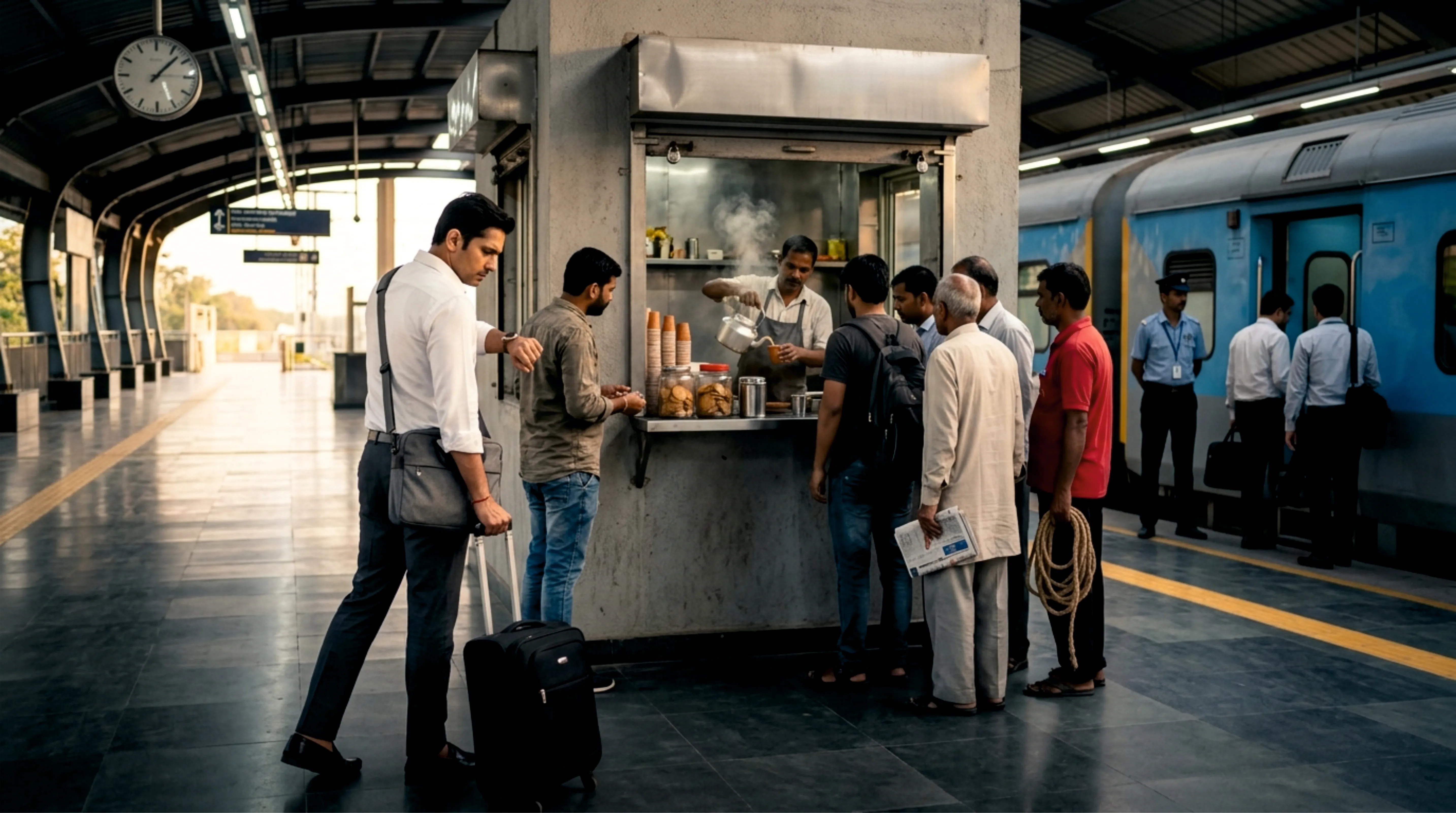 A station tea stall with a steaming kettle and a queue of five men.