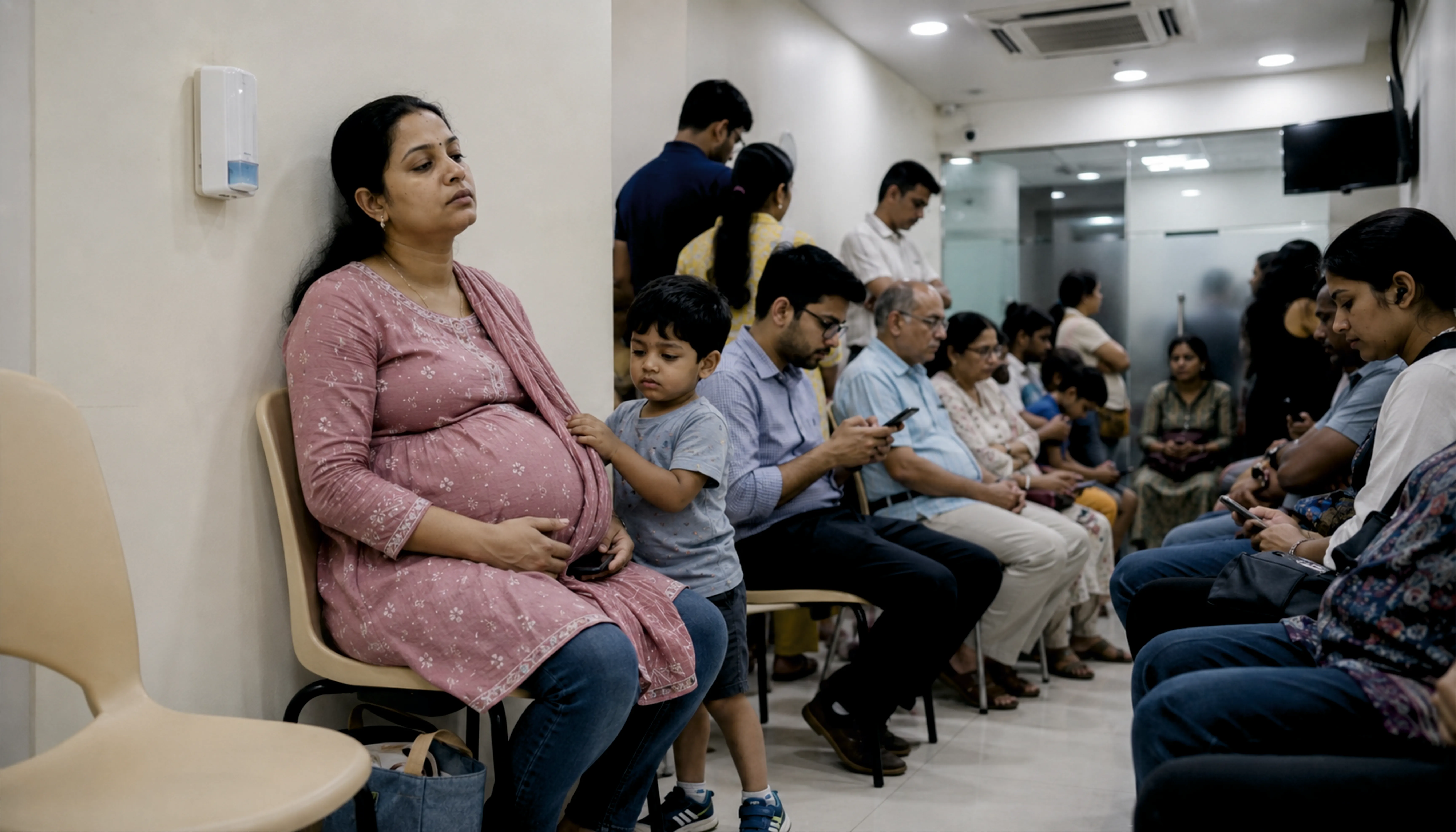 A pregnant woman sitting on a clinic bench with a toddler beside her.