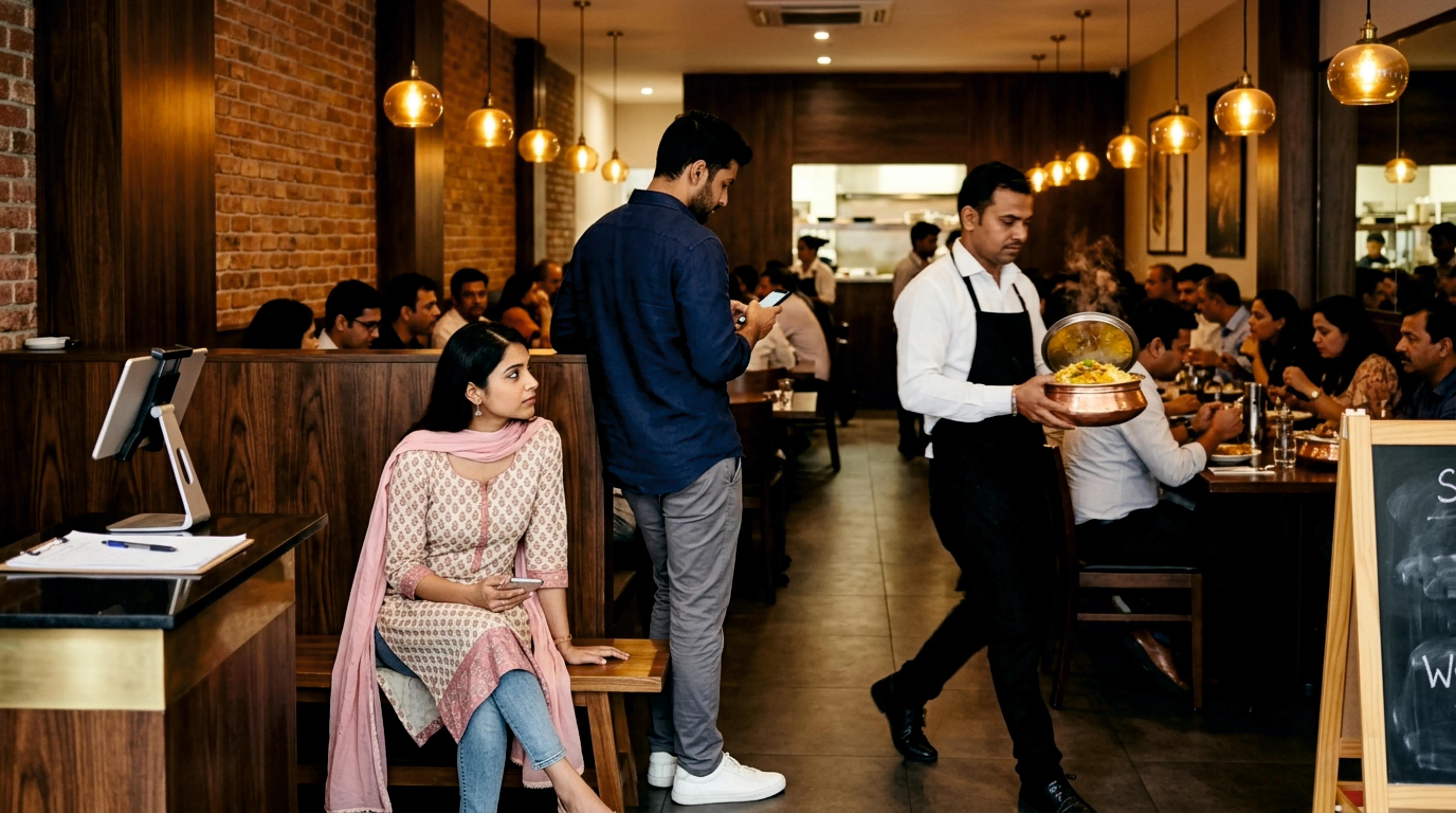 A busy restaurant with full tables and customers waiting at the entrance.