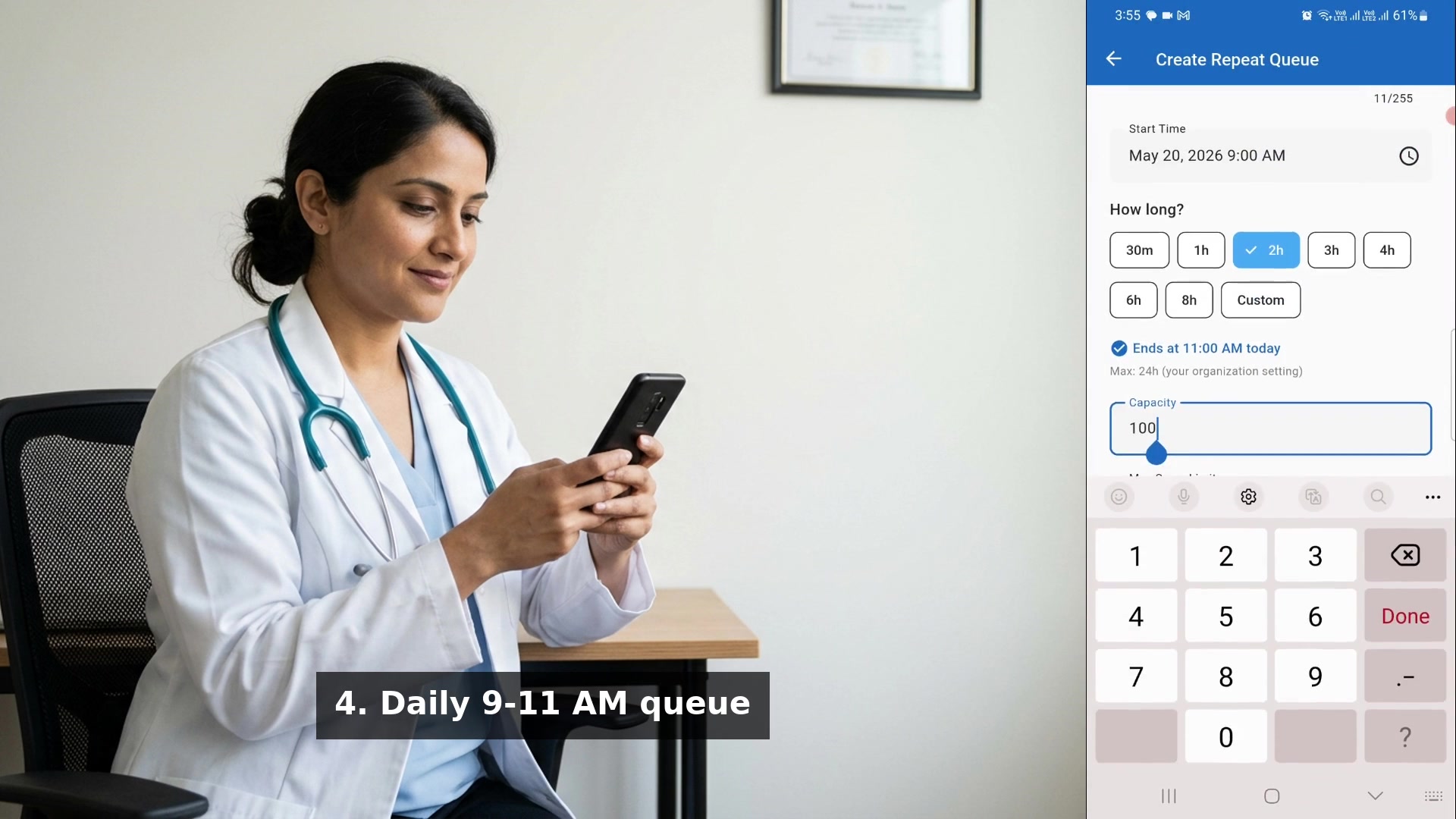 Dr. Pooja sits at her clinic desk on the left, holding her phone; the right side shows her phone screen creating a Morning OPD 9-11 AM repeat queue inside the InTimeQ app.